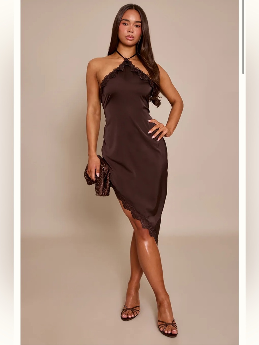 PrettyLittleThing Contrast Satin Lace Trim Detail Asymmetric Halterneck Dress